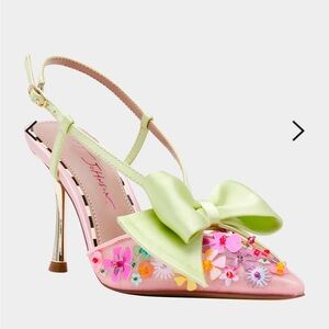 Betsey Johnson Pink Floral Slingback Heel with Lime Bow